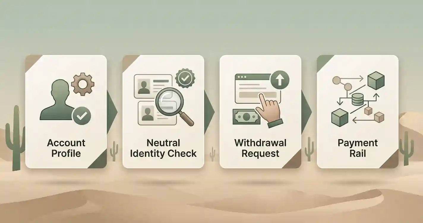 Illustratie van een neutrale opnameflow van account via KYC-controle naar uitbetalingsverzoek en betaalroute