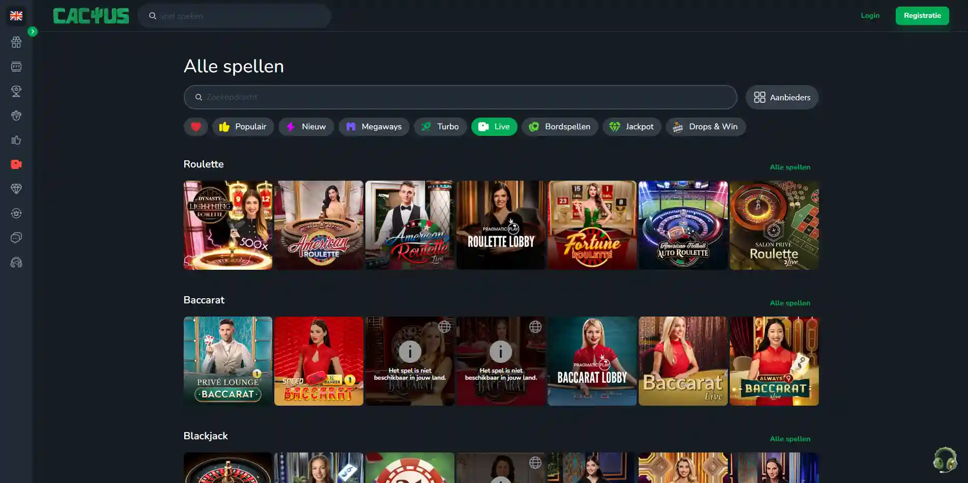 Officiële cactus casino live-casino lobby met zichtbare live dealer categorieën zonder persoonlijke accountgegevens