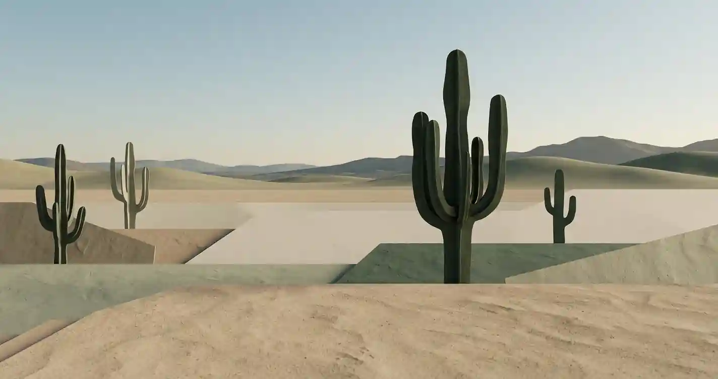 Abstracte redactionele illustratie met cactusvormen en rustige woestijnlagen als metafoor voor het beoordelen van een online casino