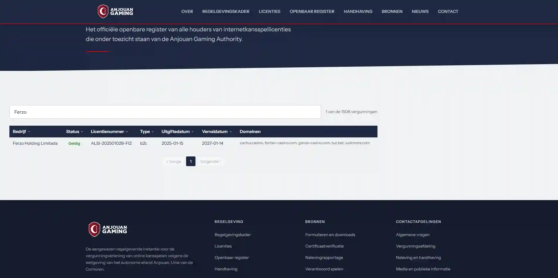 Anjouan gaming register met de licentieregel voor ferzo holding limitada en cactus.casino